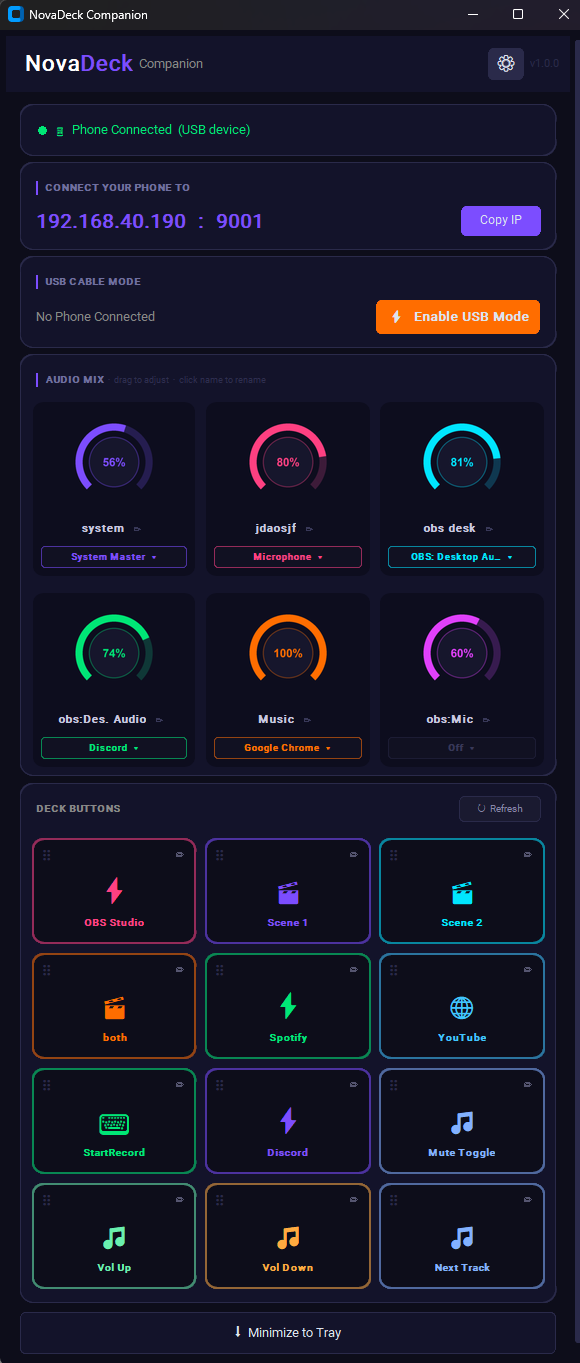 NovaDeck Companion desktop app showing connection, audio mix, and deck buttons