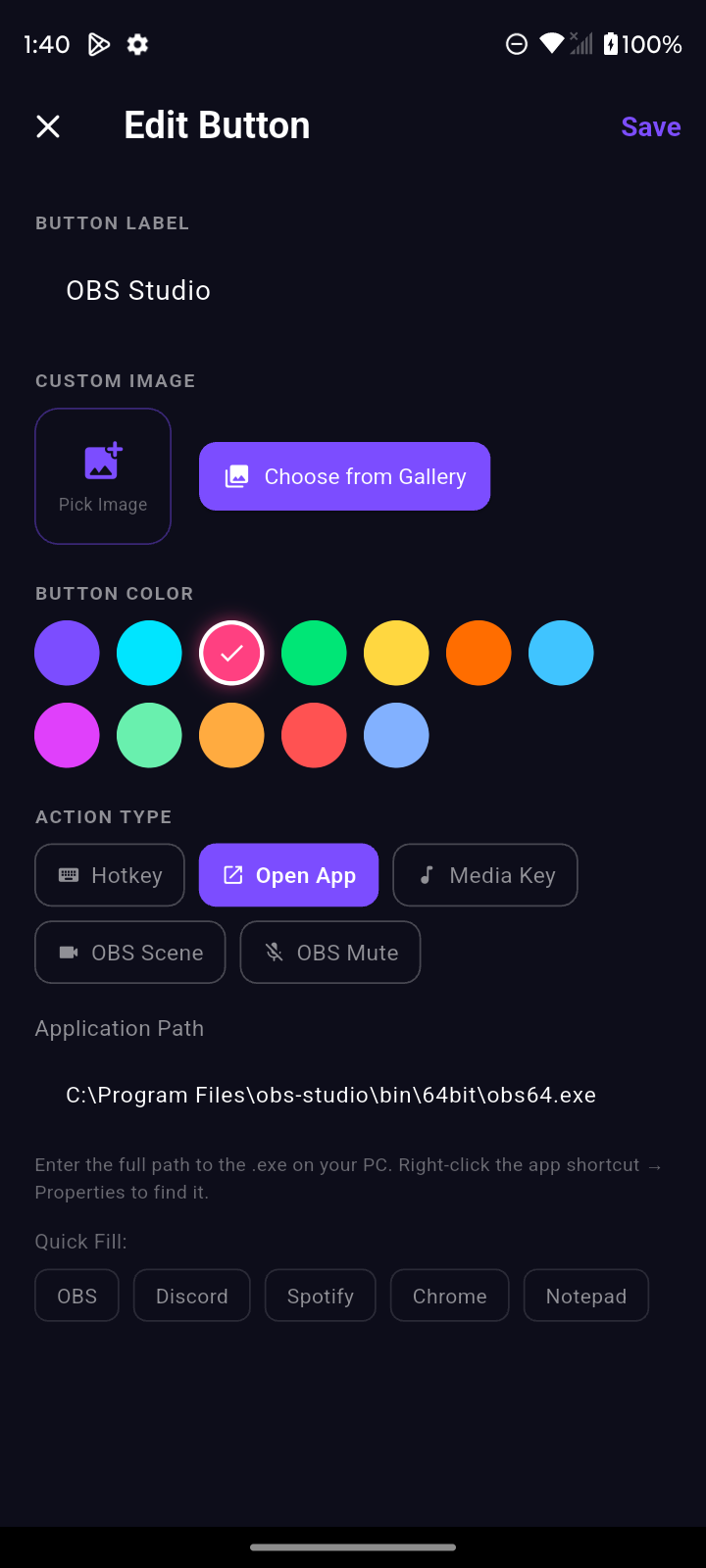 NovaDeck button editor with color picker and action types