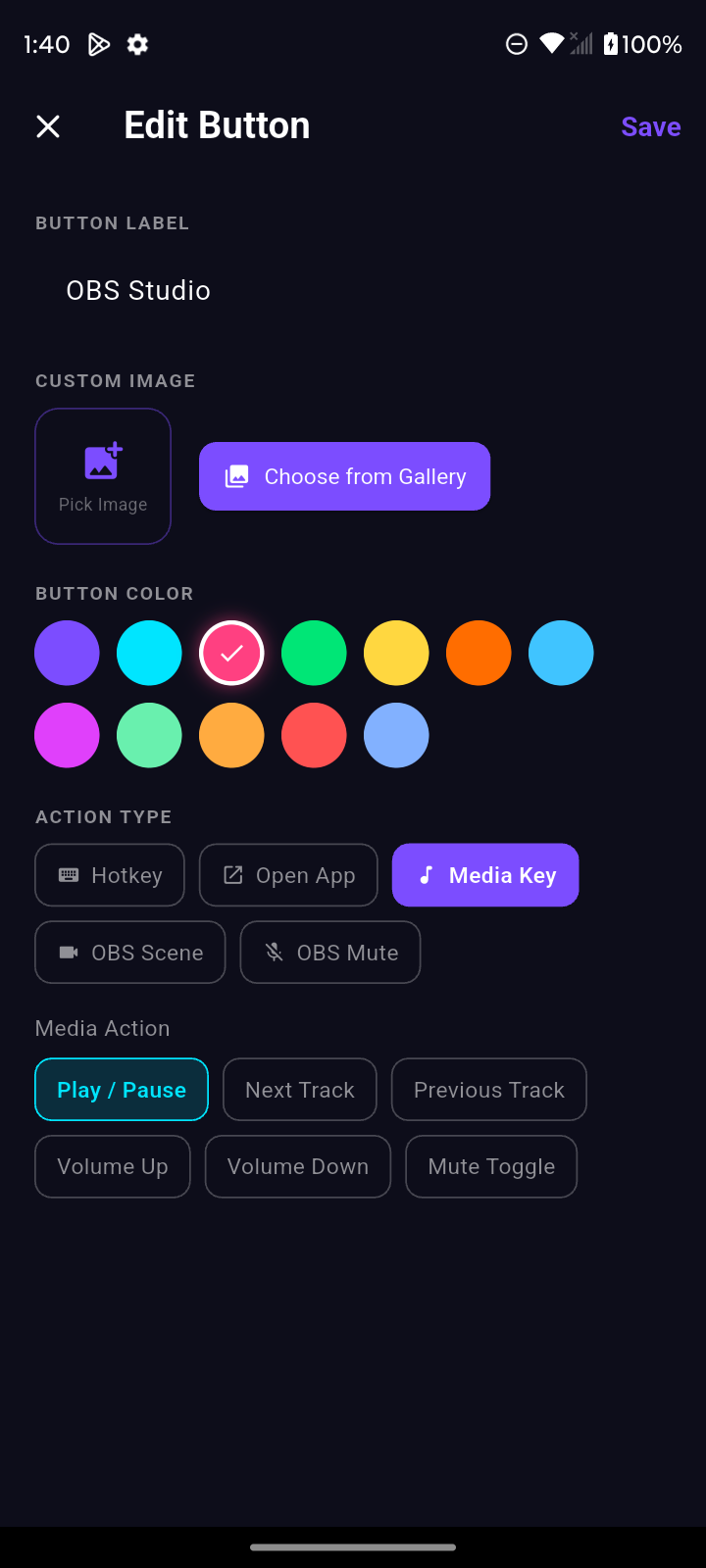 NovaDeck button editor with media key actions