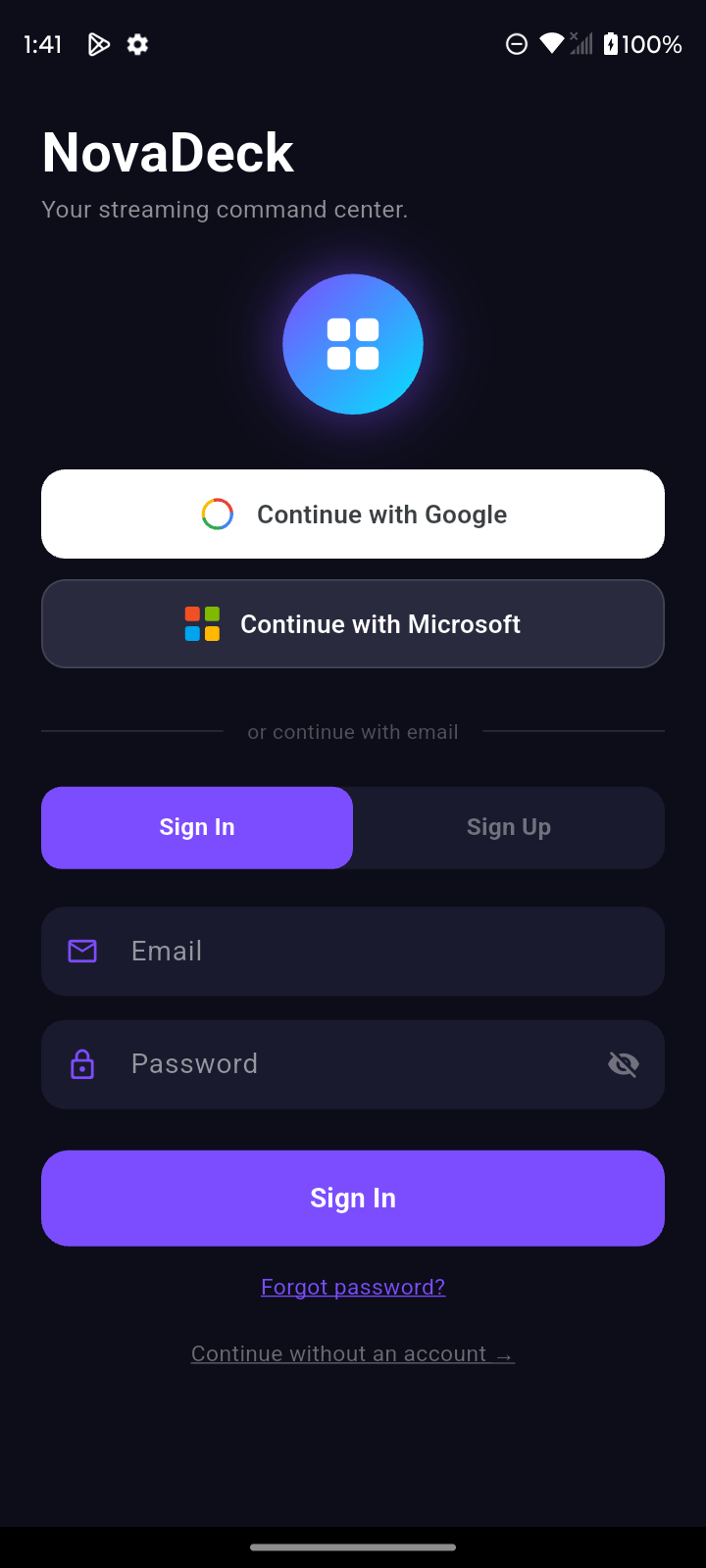 NovaDeck login screen with Google, Microsoft, and email sign-in